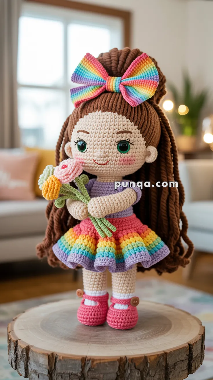Crocheted doll with a large rainbow bow, wearing a rainbow dress and holding a bouquet of crocheted flowers, standing on a wooden surface in a cozy indoor setting.