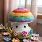 A crocheted mushroom with a rainbow-colored cap, adorned with black eyes and surrounded by various colorful crocheted flowers on a wooden table.