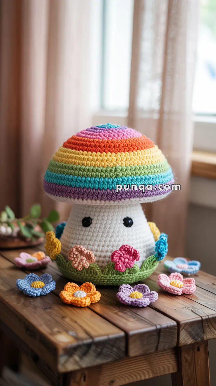 A crocheted mushroom with a rainbow-colored cap, adorned with black eyes and surrounded by various colorful crocheted flowers on a wooden table.