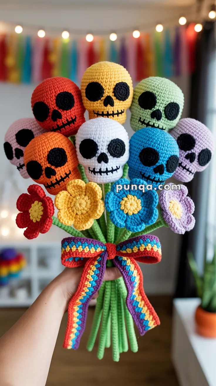 A colorful crochet bouquet featuring skull heads in various colors, each with black eye sockets and nose details. The stems and leaves are also crocheted, tied with a multicolored bow, and surrounded by multicolored crochet flowers. The background shows a blurred room with rainbow decorations.