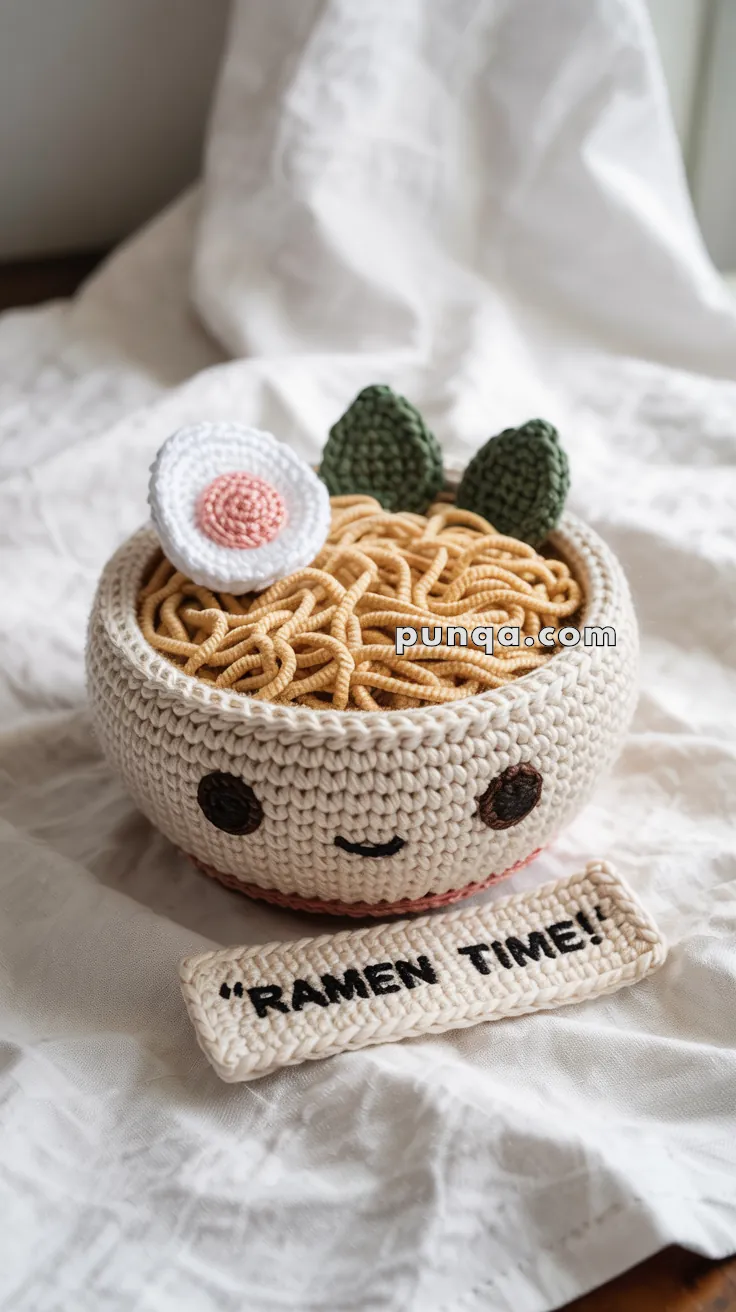 A crochet bowl of ramen with a cute face, featuring noodles, a crocheted egg, and green leaves, placed on a textured fabric background. A crocheted label with the text 'RAMEN TIME!' is in front of the bowl.