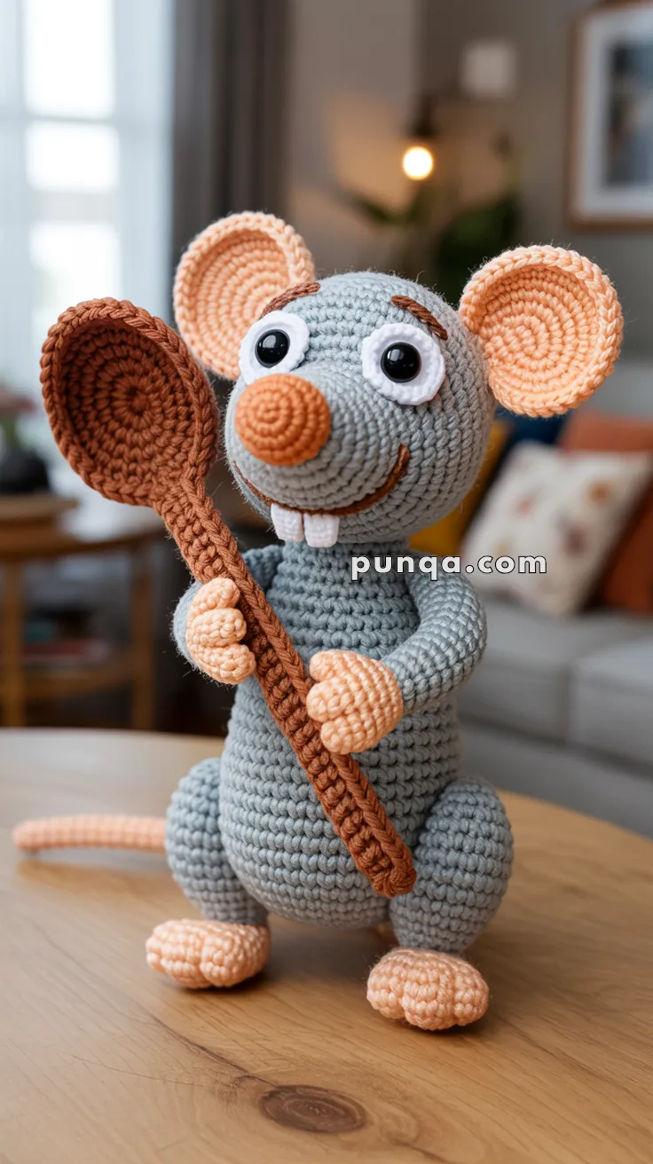 A crocheted gray and peach-colored mouse plush toy sitting on a wooden table, holding a brown crochet spoon, with a blurred living room in the background.