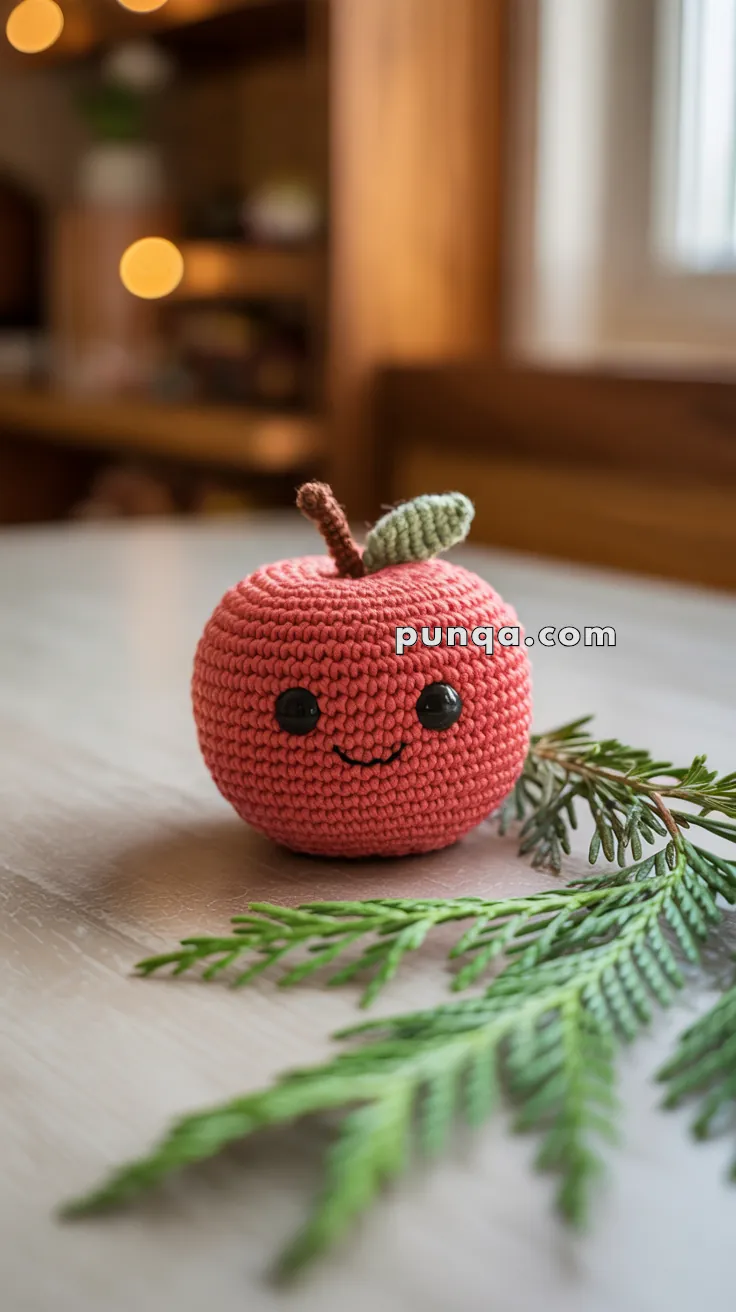 A crocheted red apple with black button eyes, a smile, and a green leaf on a brown stem, set on a wooden table with a sprig of greenery beside it.