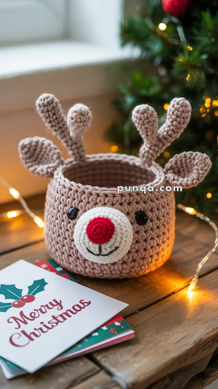 A crocheted deer basket with antlers and a red nose, accompanied by a "Merry Christmas" card, is placed on a wooden table adorned with Christmas lights, with a blurry Christmas tree in the background.
