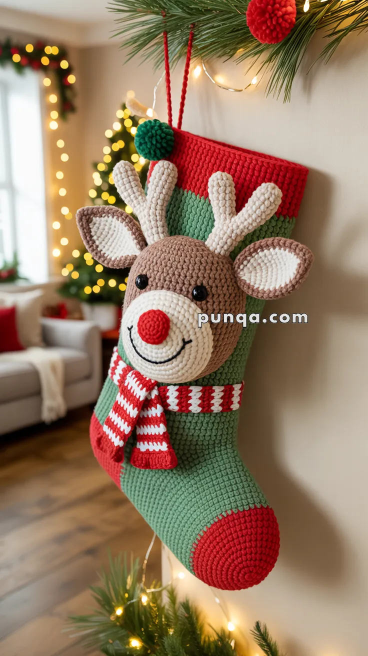 A crocheted Christmas stocking shaped like a reindeer with a red nose, brown face, and striped scarf, hanging on a wall decorated with garlands and lights.