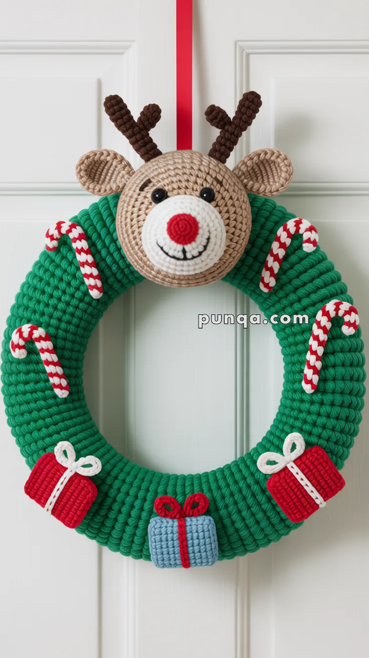 A crocheted Christmas wreath featuring a reindeer head with a red nose, candy canes, and small gift boxes, hanging on a door with a red ribbon.