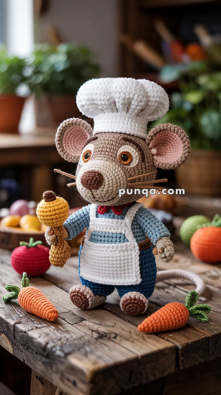 A crocheted rat doll wearing a chef's hat and apron, holding a crocheted drumstick, with various crocheted vegetables like carrots and tomatoes nearby, set on a wooden table.