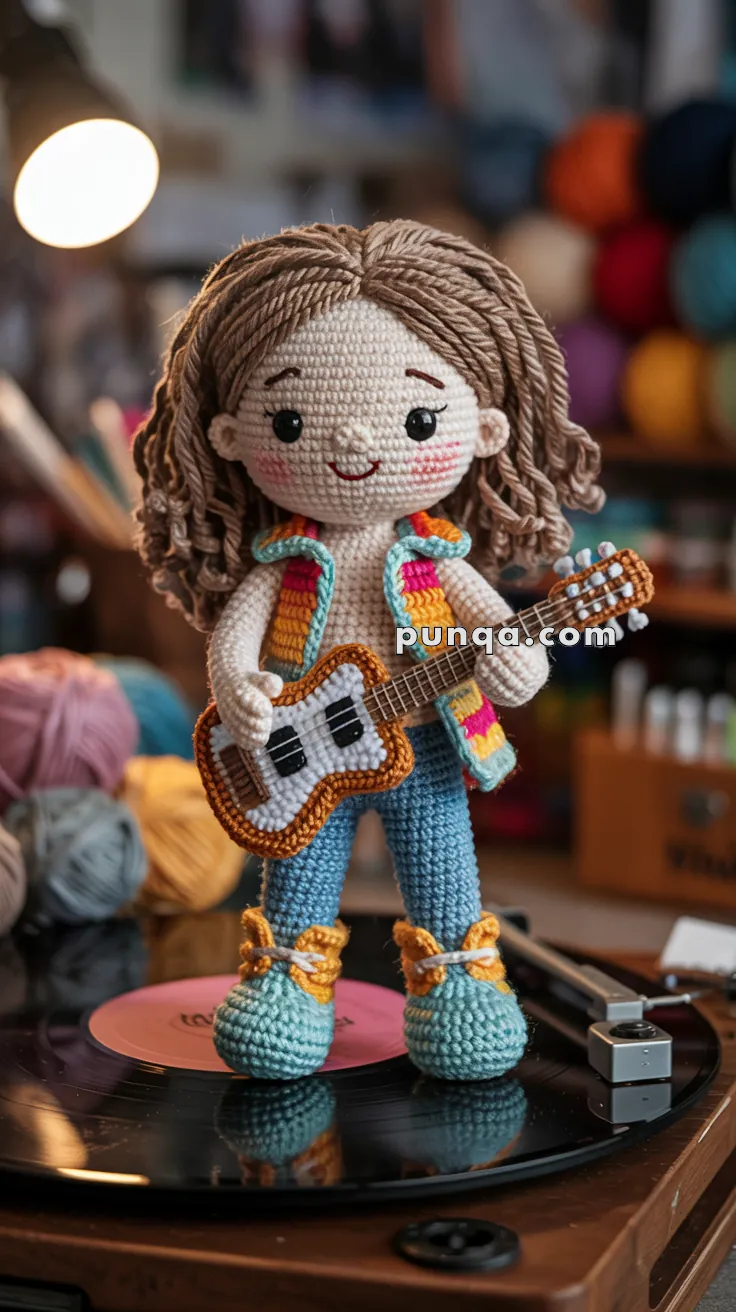 A crocheted doll with long brown hair, wearing a colorful vest and blue pants, holding a small guitar, and standing on a vinyl record in a craft room.