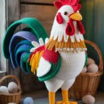 A crocheted rooster with colorful feathers stands on a wooden surface, surrounded by baskets of crocheted eggs, under warm light bulbs.
