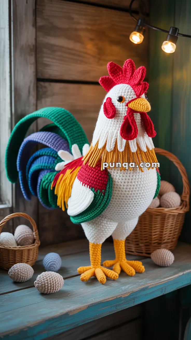 A crocheted rooster with colorful feathers stands on a wooden surface, surrounded by baskets of crocheted eggs, under warm light bulbs.