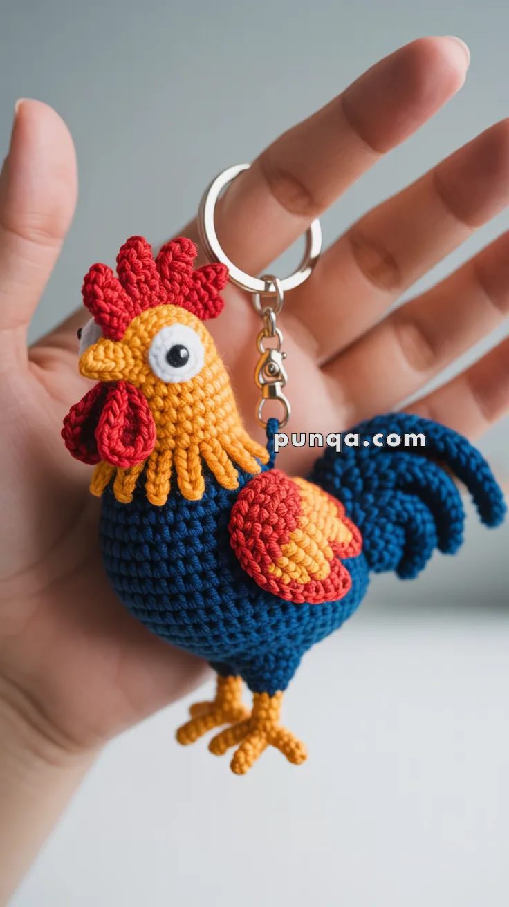 Close-up of a hand holding a colorful crocheted rooster keychain with red, yellow, and blue yarn details.