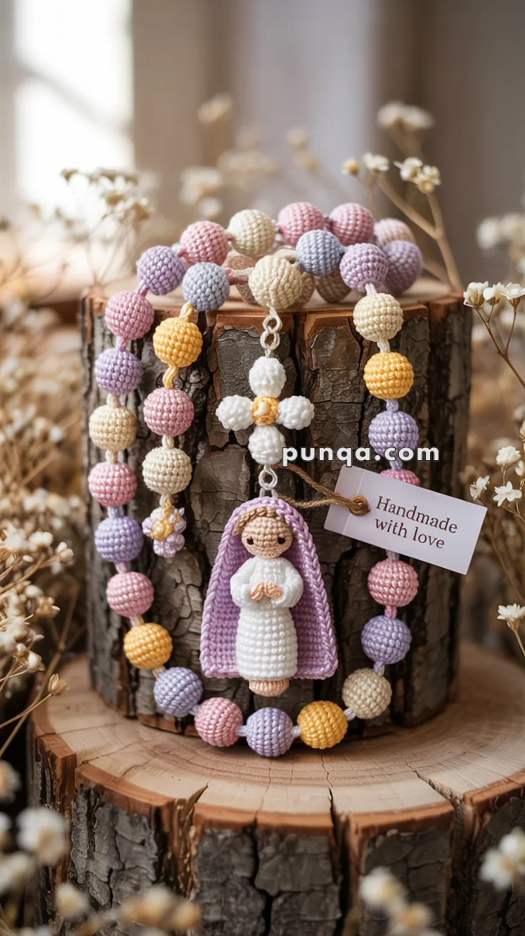 A handmade crochet rosary with pastel-colored beads and a small crocheted figure of a praying person in a purple cloak, displayed on a wooden log slice with a tag reading 'Handmade with love.'