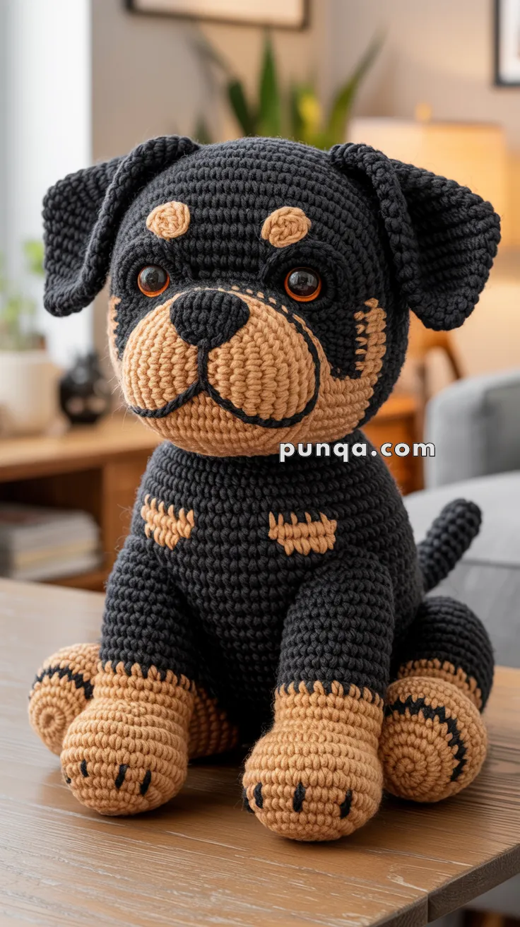 A crocheted stuffed toy of a dog with brown and black yarn, sitting on a wooden table in a cozy living room setting.