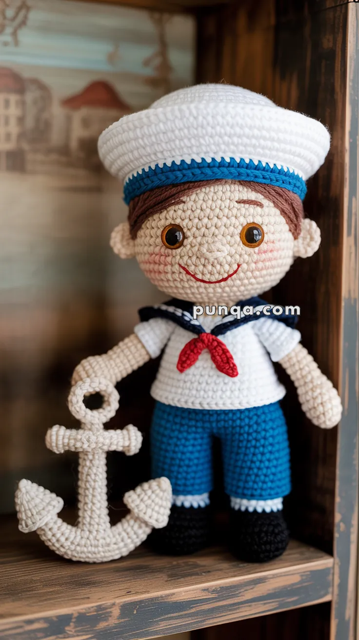 Crocheted sailor doll with a white sailor hat, blue shorts, white shirt, and red necktie, holding a crocheted anchor.