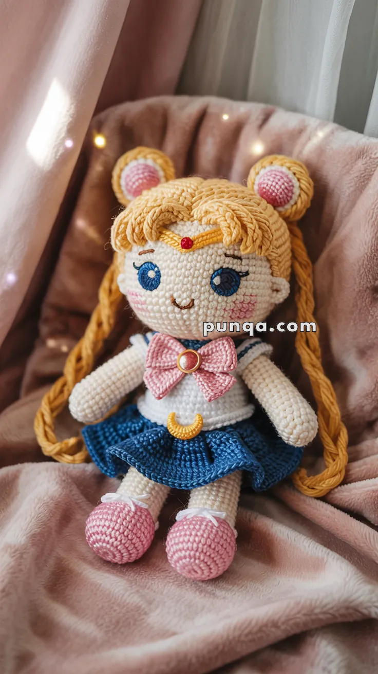 A crocheted Sailor Moon doll resembling a cartoon character with long blonde braids, wearing a sailor outfit in blue and white with a pink bow, and pink shoes, sitting on a soft pink fabric.