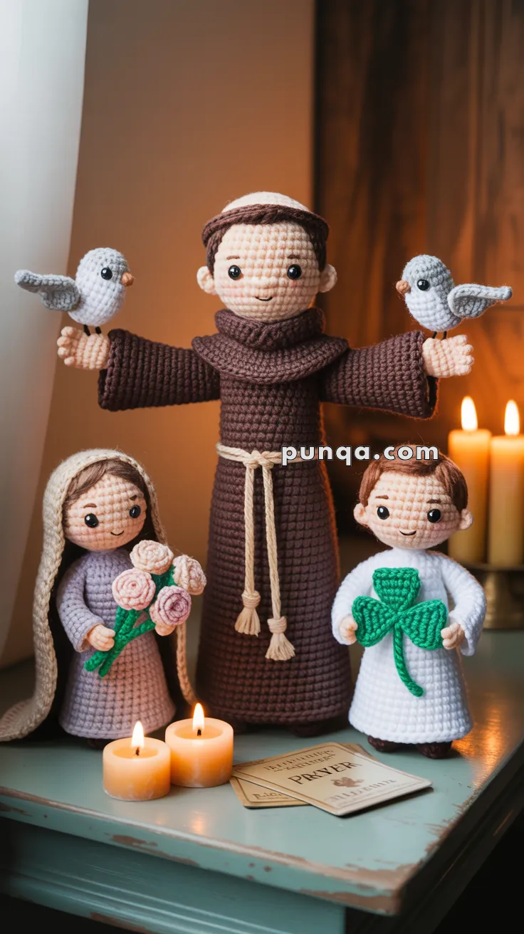 Three crocheted figures, including a monk with birds on his shoulders, a woman holding roses, and a child holding a clover, are displayed on a table with lit candles and prayer cards.
