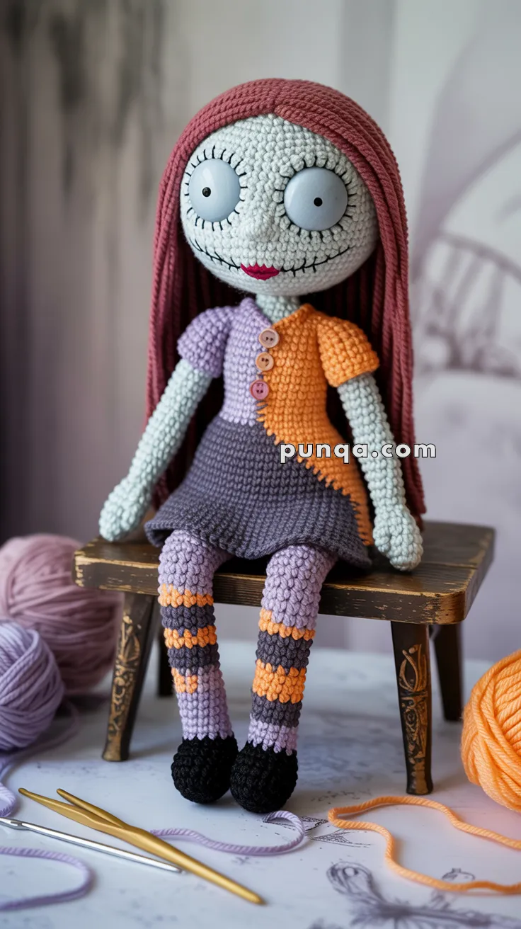 Sally from The Nightmare Before Christmas in yarn form. A crocheted doll with large stitched eyes, long coral hair, and a patchwork dress in orange and purple, seated on a wooden stool. There are balls of yarn and crochet hooks on the table in the foreground.