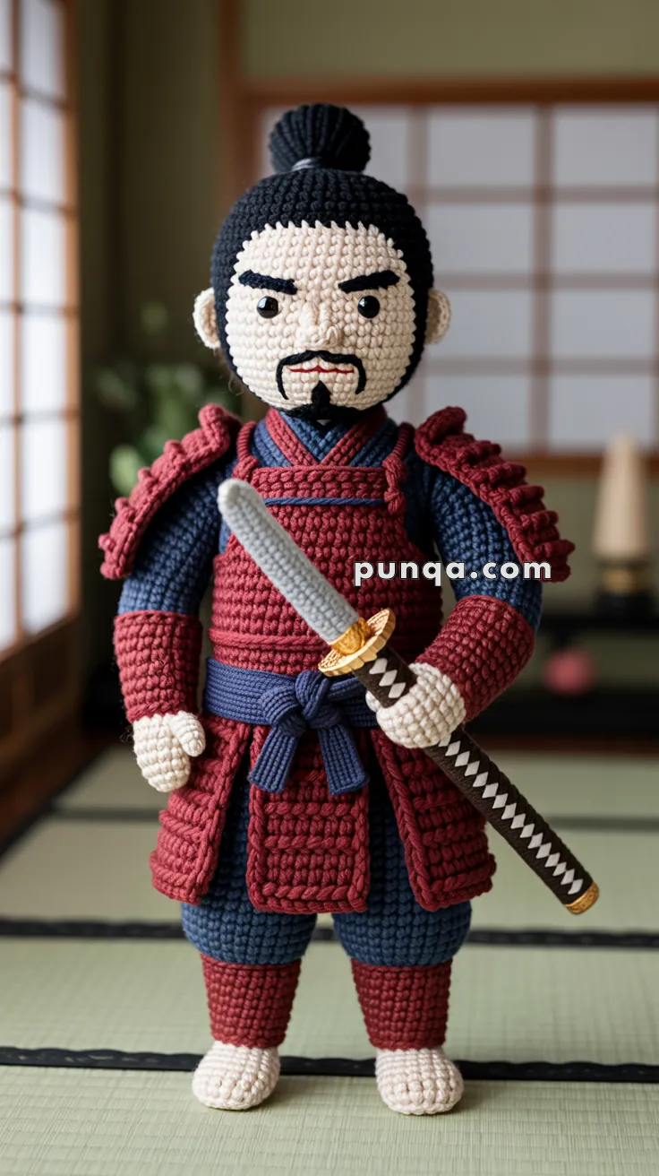 A crochet samurai figurine with a mustache and topknot, wearing red and blue armor and holding a sword, standing in a traditional Japanese room.