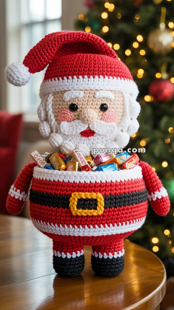 A crocheted Santa Claus container filled with assorted candies, placed on a wooden table with a blurred Christmas tree in the background.