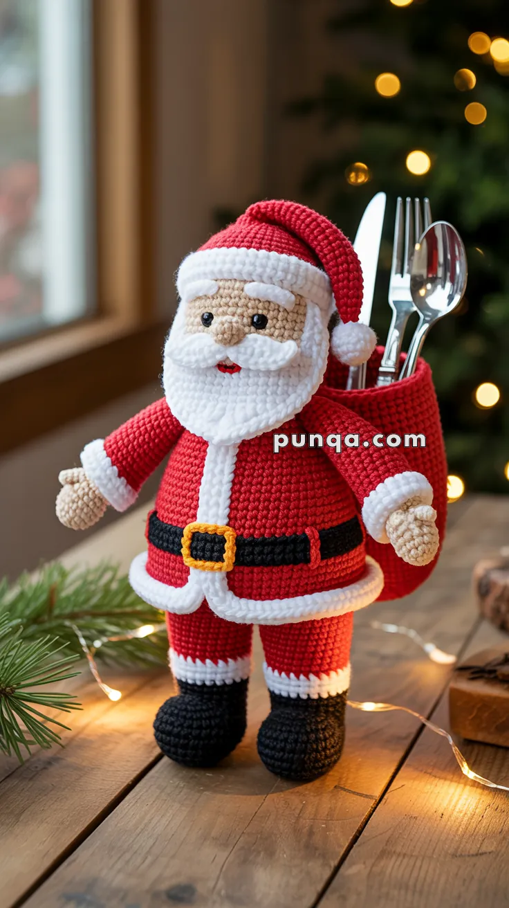 A crocheted Santa Claus figure holding a red sack filled with utensils, placed on a wooden table with Christmas lights and greenery nearby.