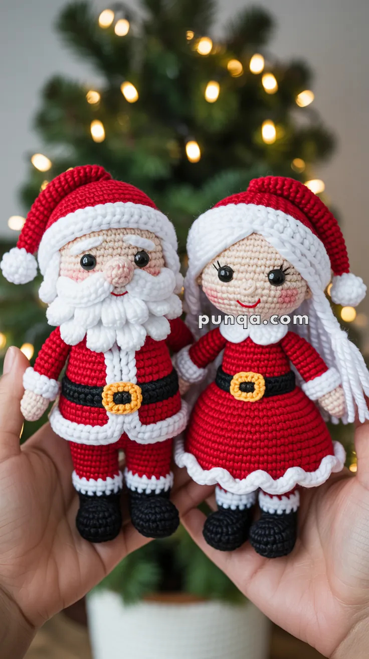 Two crocheted dolls resembling Santa Claus and Mrs. Claus, held by hands in front of a blurred Christmas tree with lights.