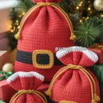 Three red gift bags designed to mimic Santa's suit with white trim, black belt, and gold buckle, placed in front of a decorated Christmas tree with presents and ornaments around them.
