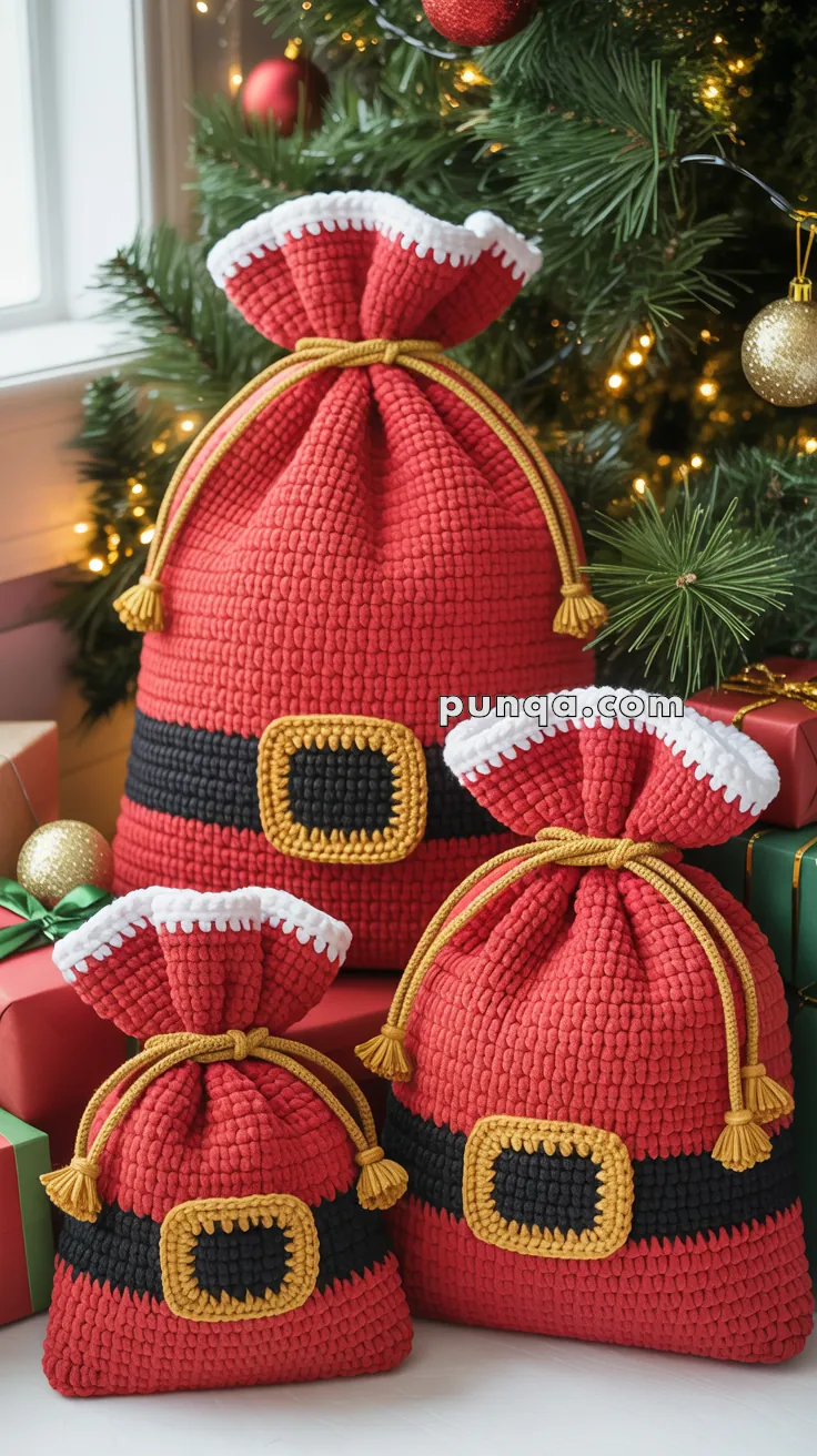 Three red gift bags designed to mimic Santa's suit with white trim, black belt, and gold buckle, placed in front of a decorated Christmas tree with presents and ornaments around them.