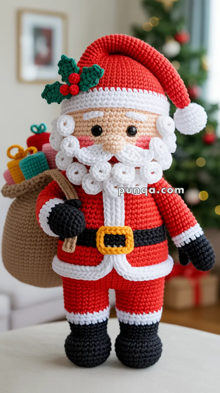 A crocheted Santa Claus doll with a red suit, white beard, and a sack of gifts over his shoulder, standing against a blurred background with a Christmas tree.