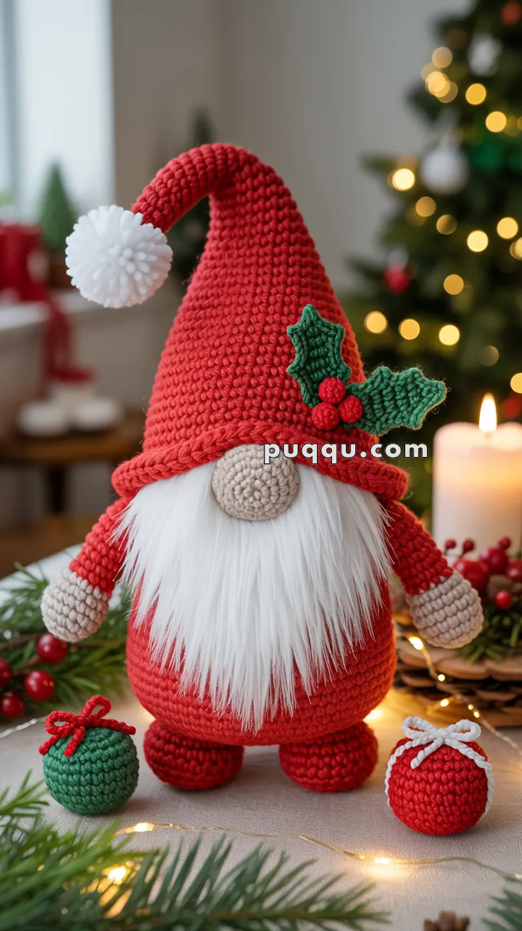 A crocheted gnome with a red hat adorned with holly leaves and berries, featuring a long white beard, is standing on a table decorated with lights and small crocheted gifts. A blurred Christmas tree is in the background.