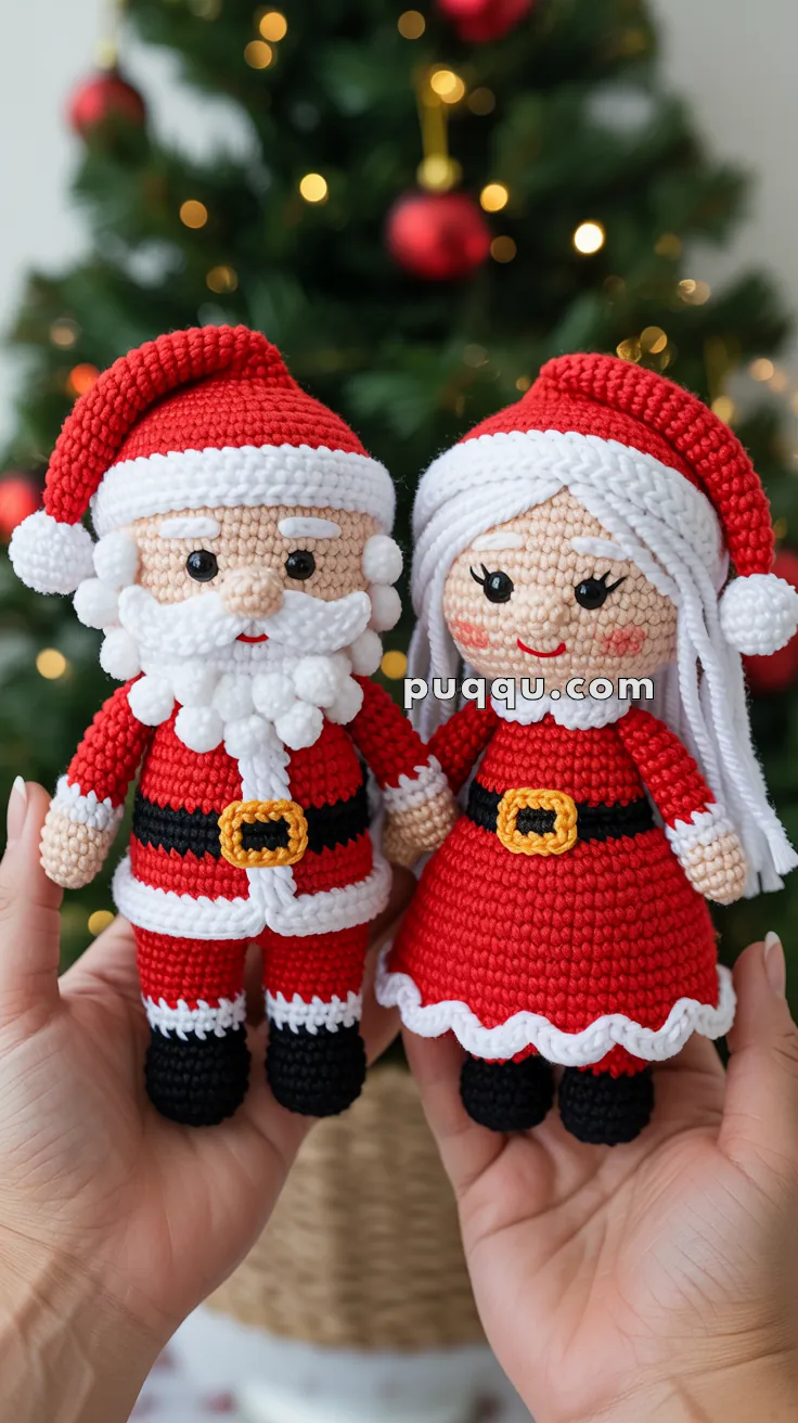 Crocheted dolls of Santa Claus and Mrs. Claus wearing red outfits with white trims, held in hands, with a Christmas tree adorned with red baubles and lights in the background.