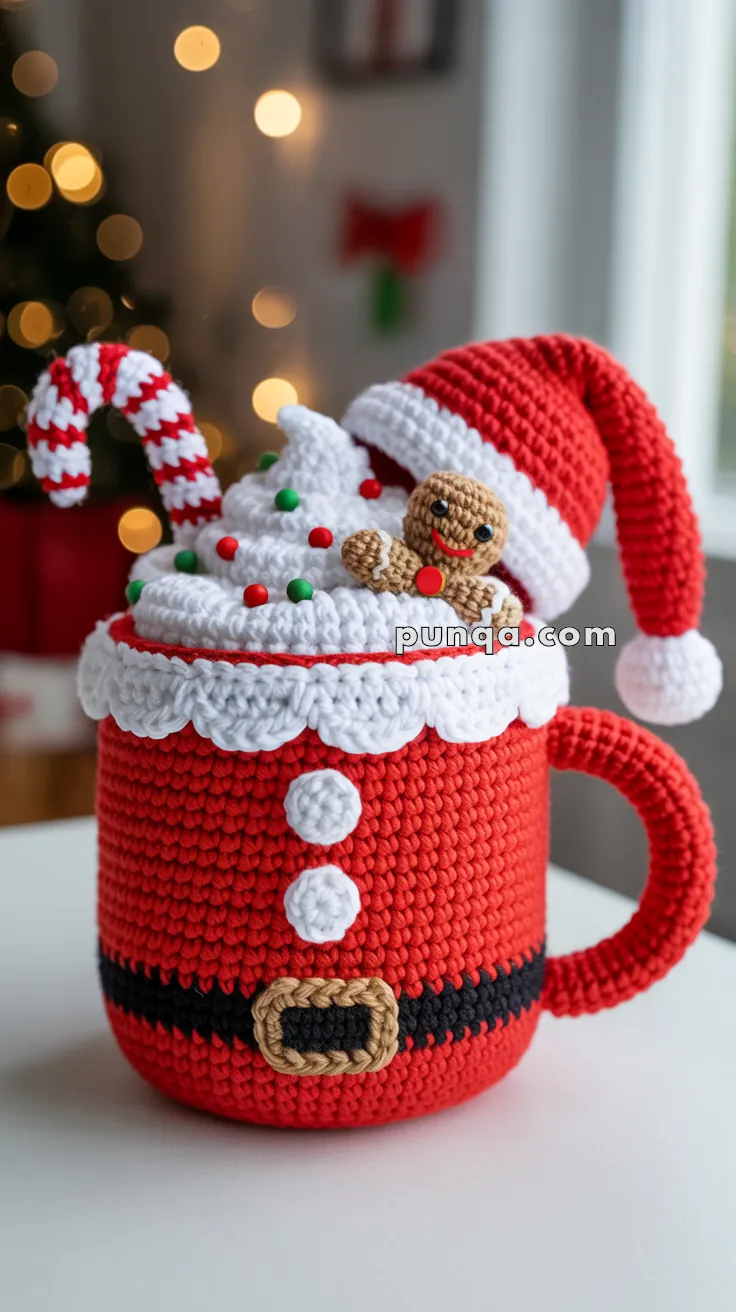 A crocheted red mug designed to resemble Santa's outfit, complete with a black belt and white buttons, topped with white whipped cream, colorful sprinkles, a candy cane, and a small gingerbread figure, all crocheted. The mug has a red handle and a Santa hat hanging off the side. The background features blurred Christmas lights and decorations.