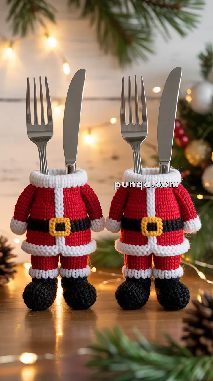 Two pairs of forks and knives dressed in knitted Santa Claus suits placed upright on a table, surrounded by Christmas decorations and lights.