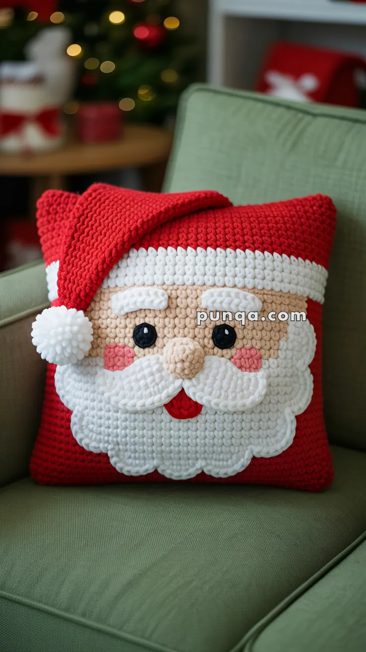 A crocheted pillow in the shape of Santa Claus's face, featuring detailed facial features and a red Santa hat, placed on a green sofa. The background includes a blurred Christmas tree with lights.