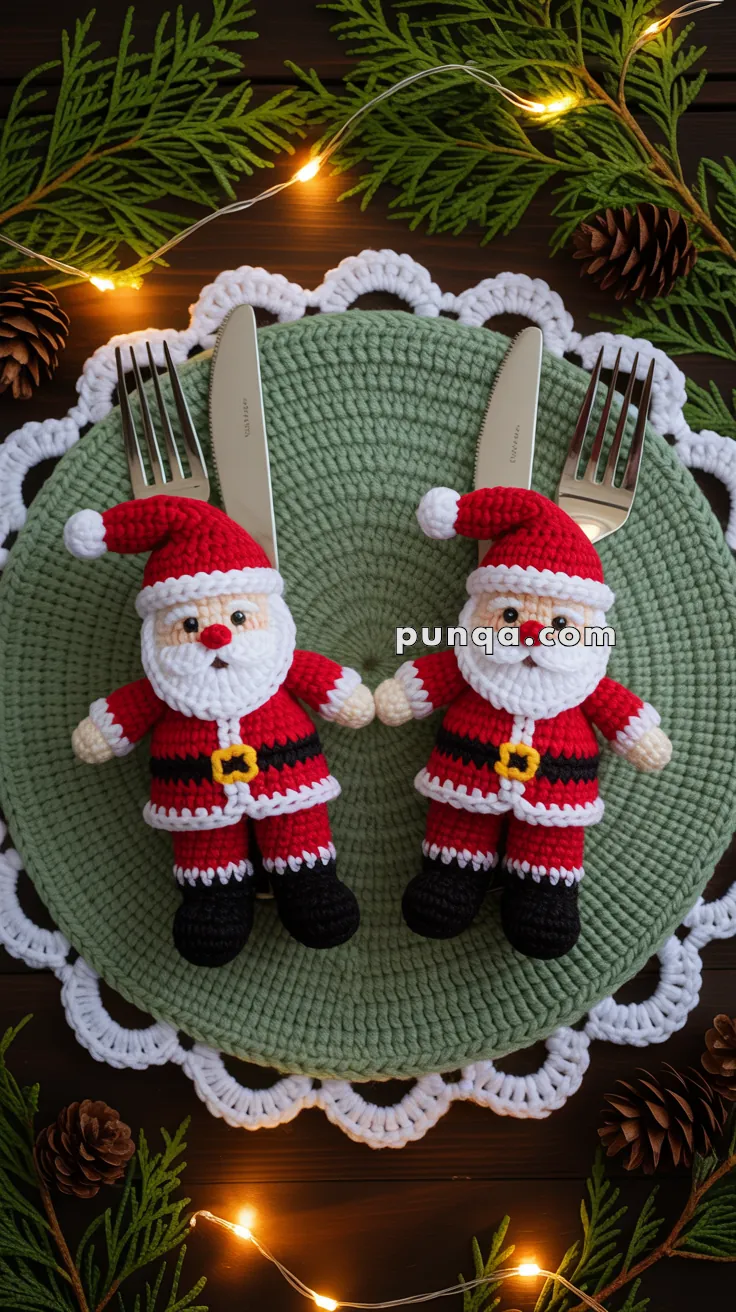 Two crocheted Santa Claus figures holding cutlery on a round, knit green placemat, decorated with white lace edges, surrounded by pine branches, pinecones, and string lights.