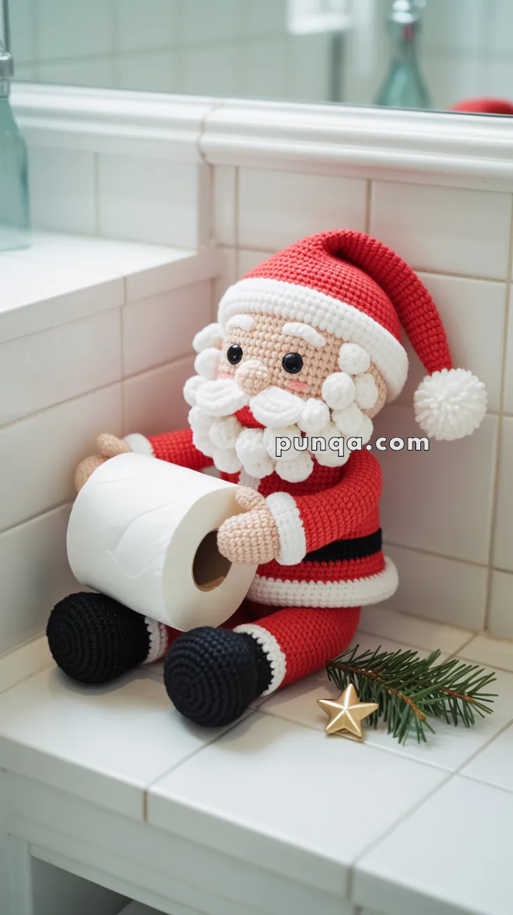 A crocheted Santa Claus doll holding a roll of toilet paper, sitting on a white tiled surface with a small evergreen branch and gold star decoration nearby.