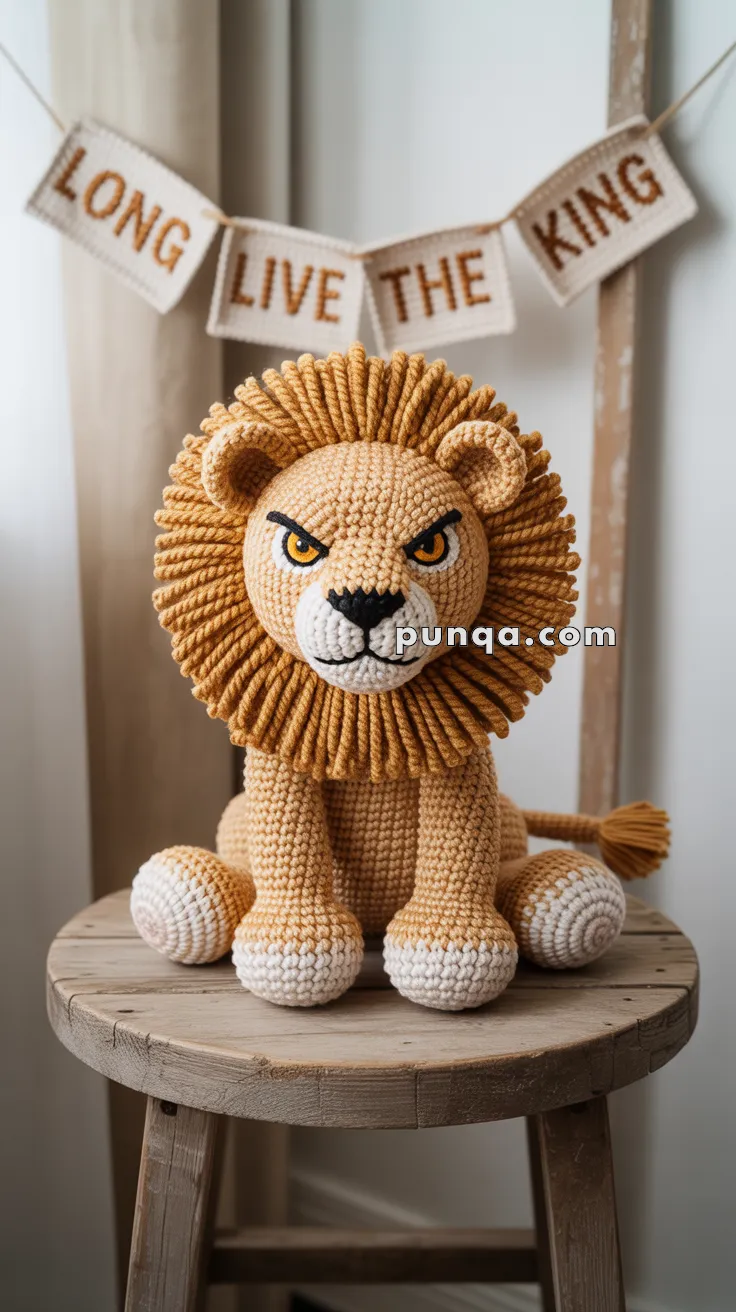 A crocheted Scar the lion with a detailed mane and expressive eyes sits on a wooden stool with a banner reading 'LONG LIVE THE KING' in the background.