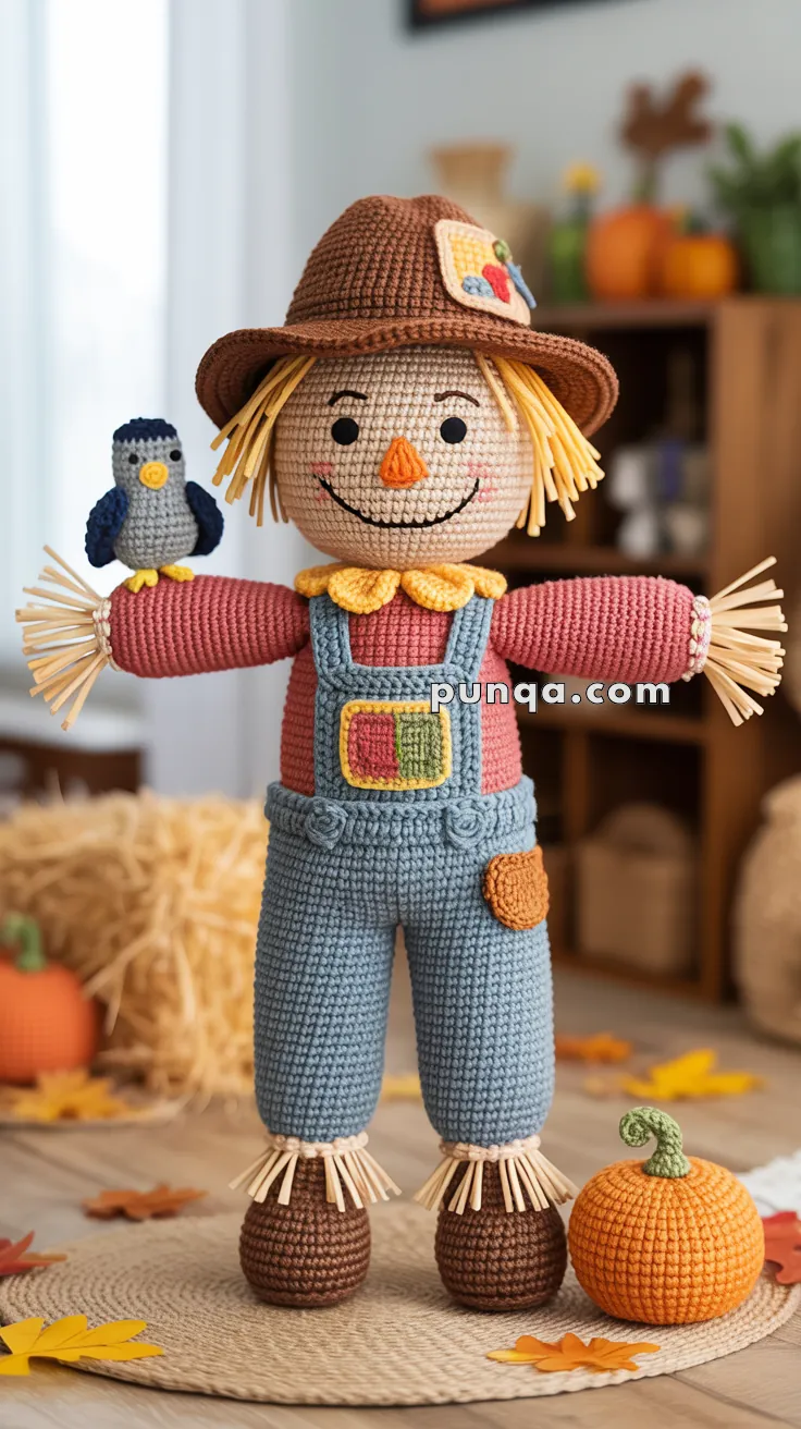 A crocheted scarecrow doll with a cheerful face, wearing a brown hat with a patch, red shirt, and blue overalls stands on a woven mat. A small crocheted bird sits on its arm, and a crocheted pumpkin is on the floor nearby, with autumn leaves in the background.