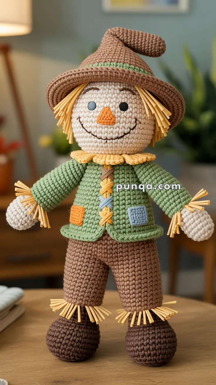 A crocheted scarecrow doll with a brown hat, a green jacket, and brown pants, featuring straw details on the hands and feet and a cheerful facial expression.