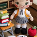 A crochet doll wearing a school uniform and yellow backpack stands next to a crochet desk with colorful books and pencils, an open book displaying 'ABC 123', and a red crochet apple.