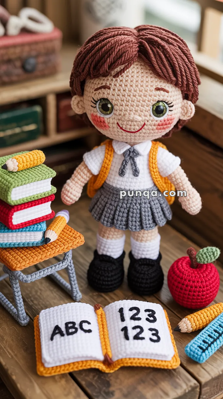 A crochet doll wearing a school uniform and yellow backpack stands next to a crochet desk with colorful books and pencils, an open book displaying 'ABC 123', and a red crochet apple.