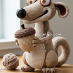 A crocheted plush toy resembling a prehistoric squirrel holding an acorn, sitting on a wooden table with a ball of yarn beside it.