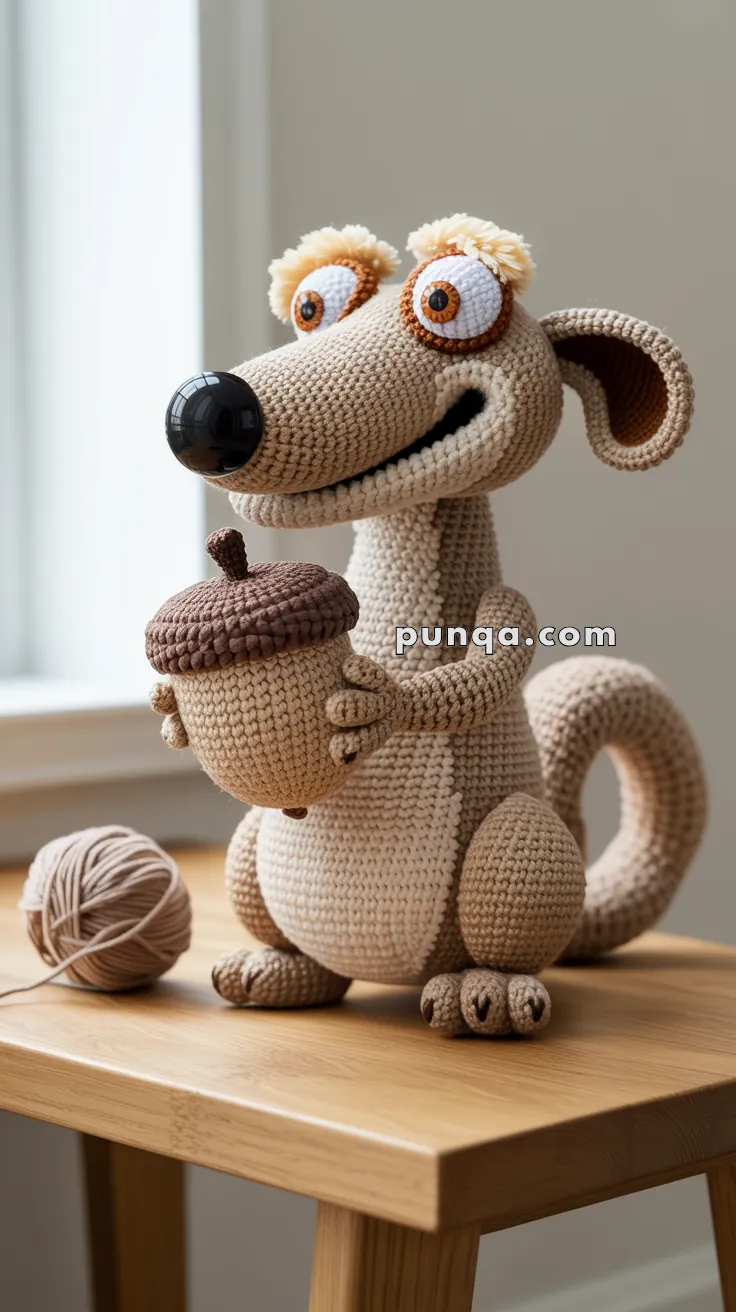 A crocheted plush toy resembling a prehistoric squirrel holding an acorn, sitting on a wooden table with a ball of yarn beside it.