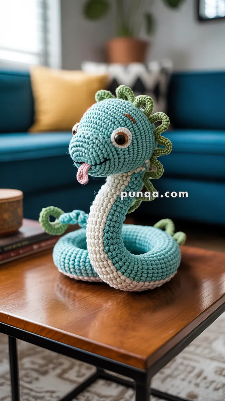 A crocheted sea serpent toy with blue and white yarn, green spikes, and large eyes sitting on a wooden coffee table in a living room setting.