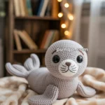 A crocheted seal pup plush toy sitting on a soft, patterned blanket with a blurred bookshelf and string lights in the background.