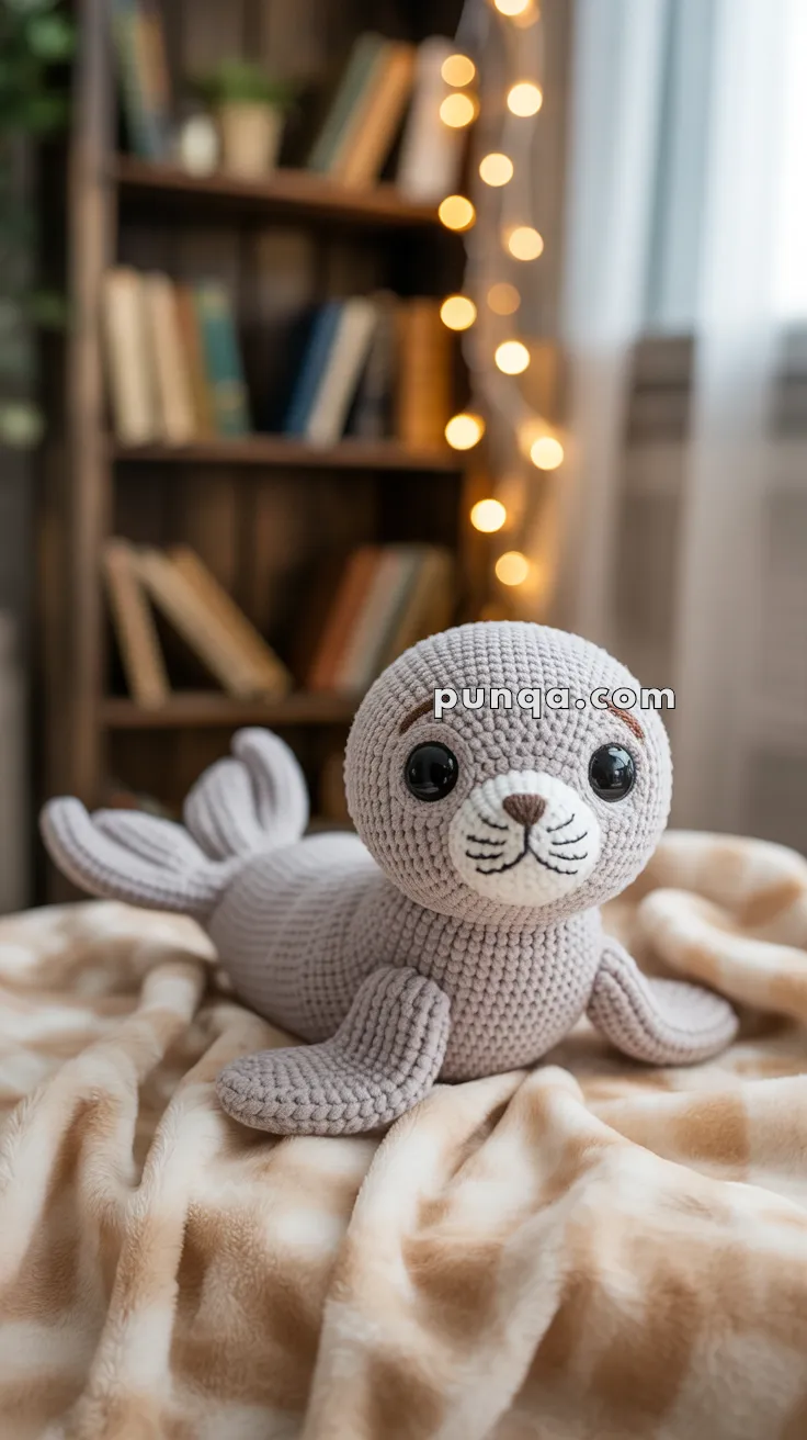 A crocheted seal pup plush toy sitting on a soft, patterned blanket with a blurred bookshelf and string lights in the background.