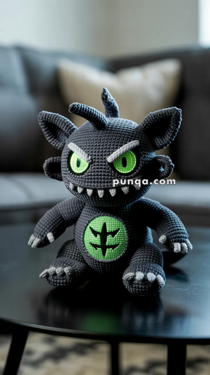 A crocheted plush toy resembling a fierce creature with large green eyes and sharp teeth, sitting on a dark surface. The toy is dark gray with a green emblem on its chest, featuring a black symbol.