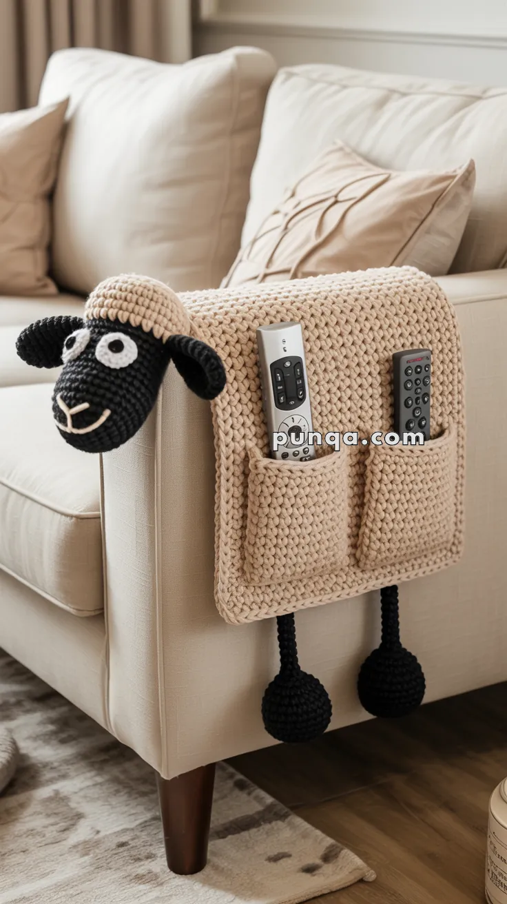 A beige crochet armrest organizer with a black sheep design, featuring pockets holding two TV remote controls, draped over the side of a cream-colored sofa.