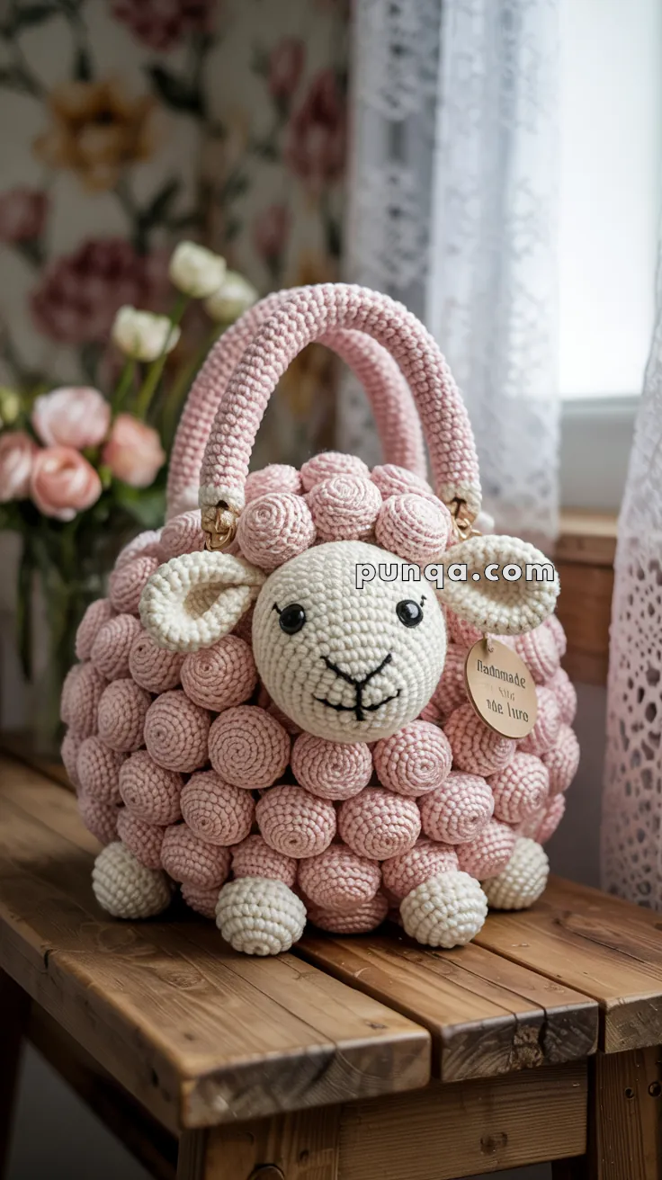 A crocheted handbag shaped like a sheep with a textured pink bobble pattern and a white face, resting on a wooden table. The bag features round, floppy ears and round black eyes, with a tag that reads 'Handmade' attached to it. There are soft-focus flowers and lace curtains in the background.