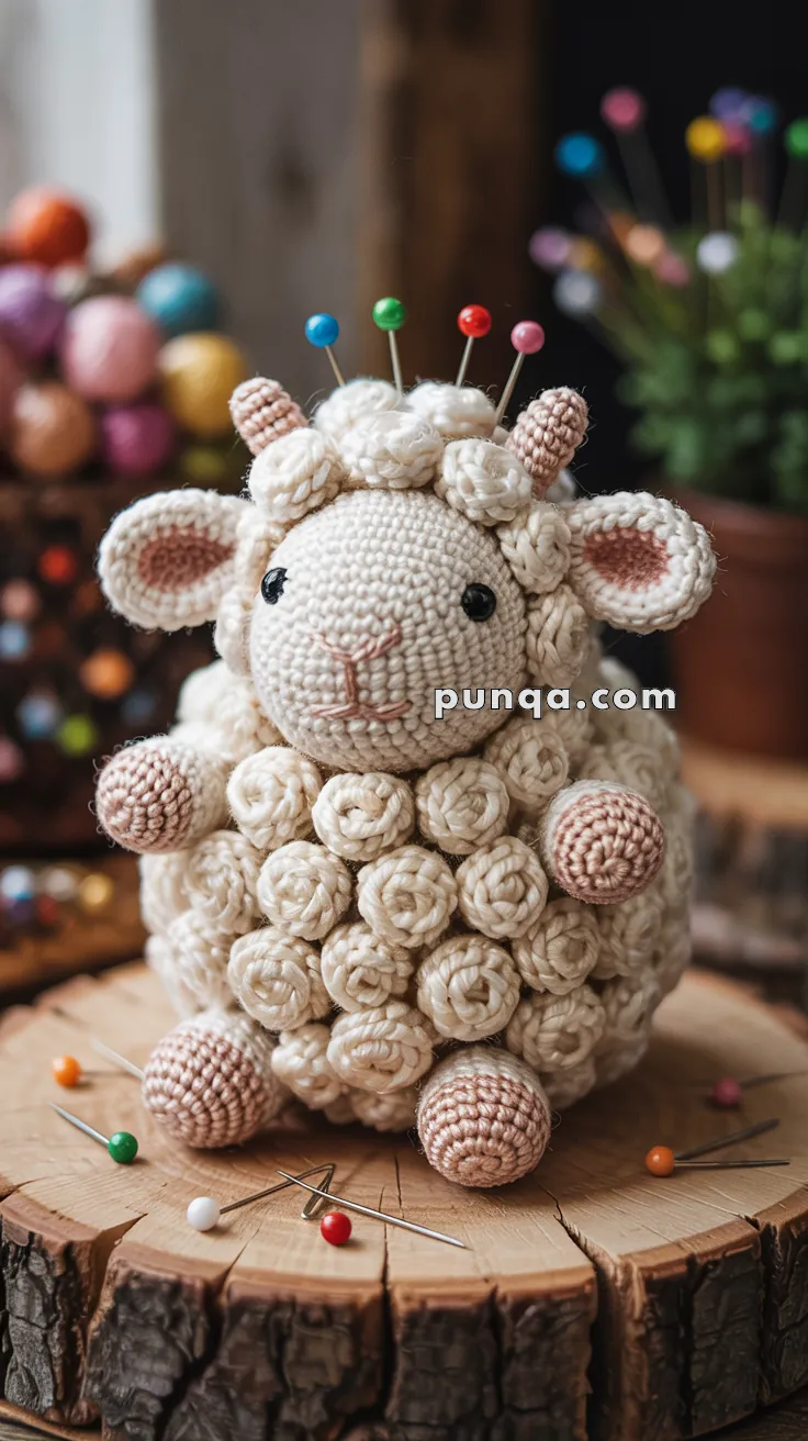 A crocheted sheep pin cushion with colorful pins on its back, sitting on a wooden surface with additional sewing pins around it.