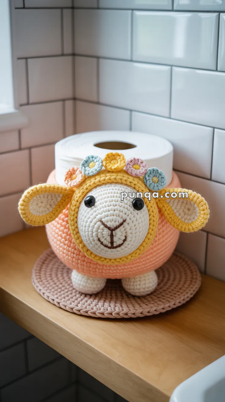 Crocheted sheep toilet paper cover on a bathroom shelf, designed with a cheerful face and floral decorations.